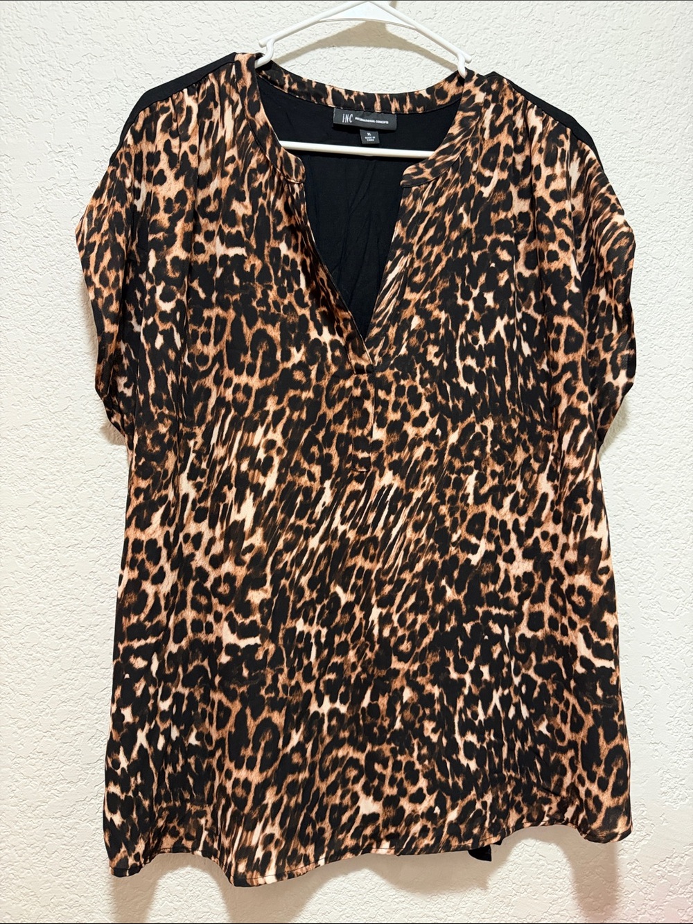 INC International Concepts INC Leopard Printed-Front Top, Capped Sleeve "V" (L)